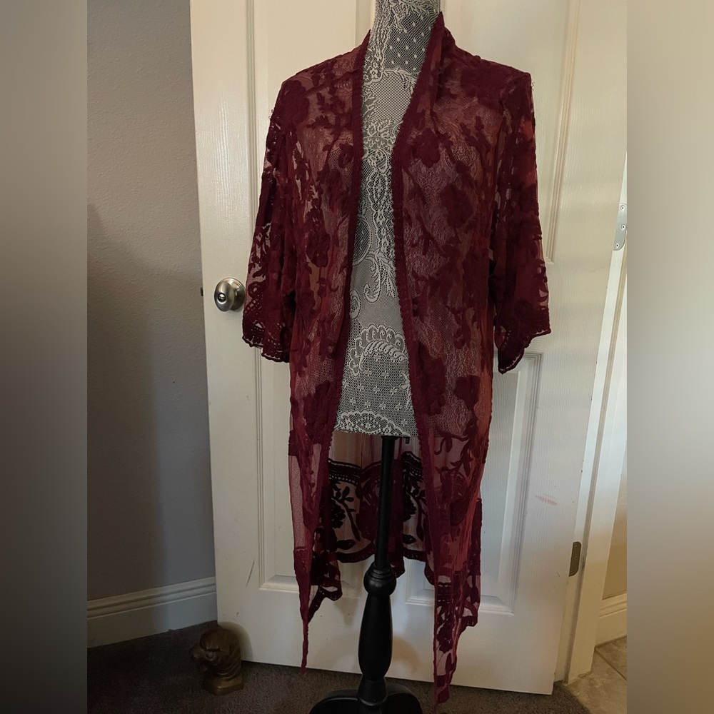 Dizzy Lizzy Garnet Ruby Burgundy Lace Duster Kimono Cardigan Boho Floral Large